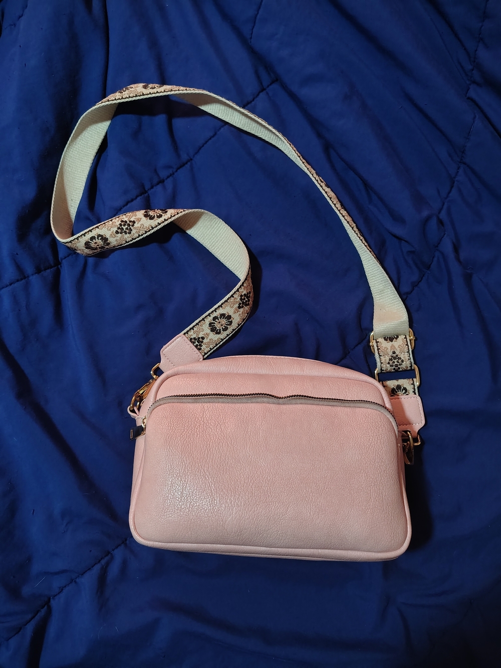 Blush Pink Crossbody Bag with Floral Webbed Strap